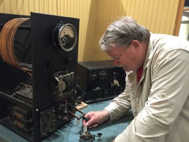 Frank checks out a spark gap transmitter on display
