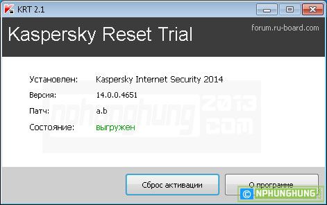 Giao diện phần mềm Reset Trial KAS