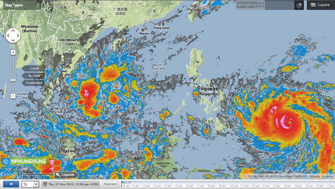 Ảnh mây vệ tinh của cơn bão Haiyan từ 0 giờ ngày 07/11/2013 đến 13 giờ ngày 09/11/2013