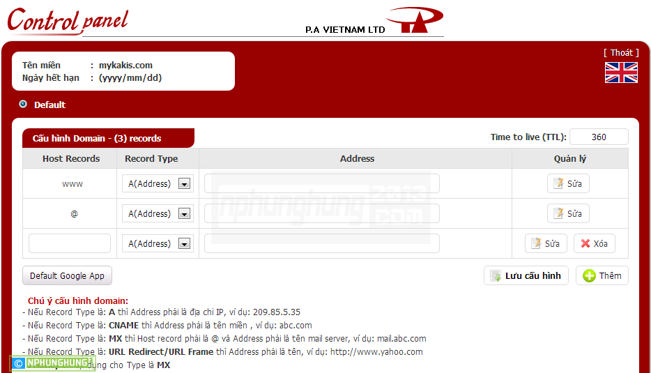 Giao diện trang quản lý domain tại pavietnam
