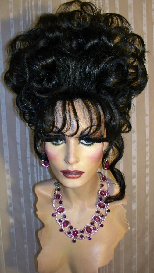 Drag Queen Wig Tall Black Updo With Bangs French Twist Curls eBay