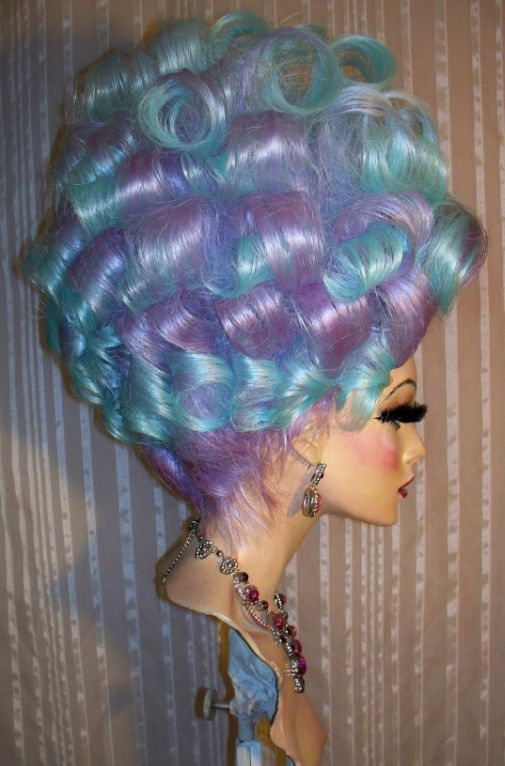 Drag Queen Wig Big Tall Updo Lavender Teal Blue Tips French Twist Curls ...