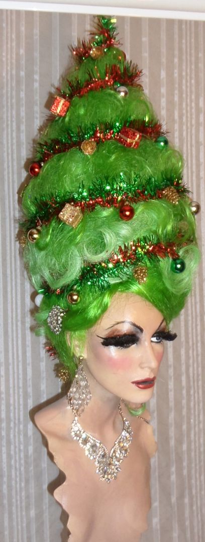 Drag Queen Wig Christmas Tree Double Wig Very Huge and Tall in Green ...