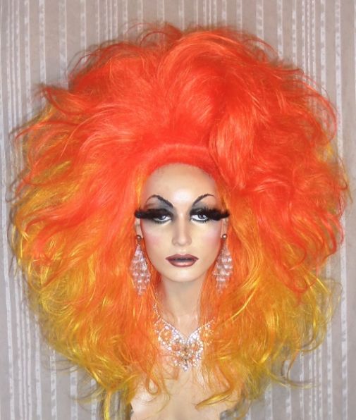 Hedendaags Drag Queen Wig Big Double Yellow and Orange Flame Long Tall Curls DI-82