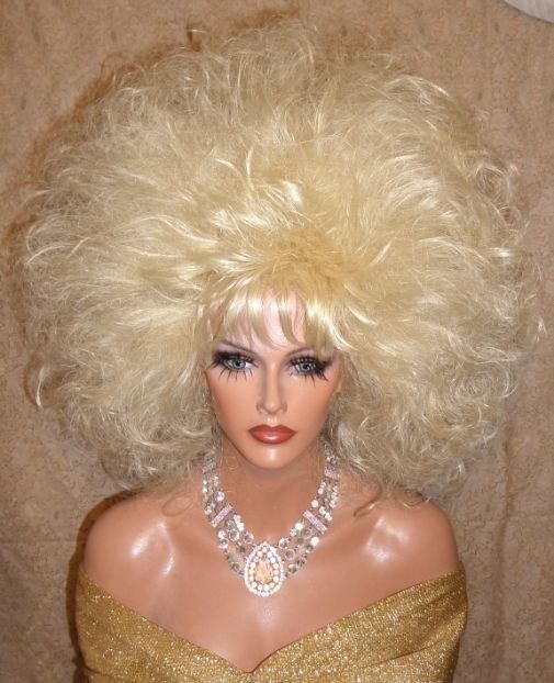 Drag Queen Wig Teased Out Big Medium Length Curls Bangs Lightest